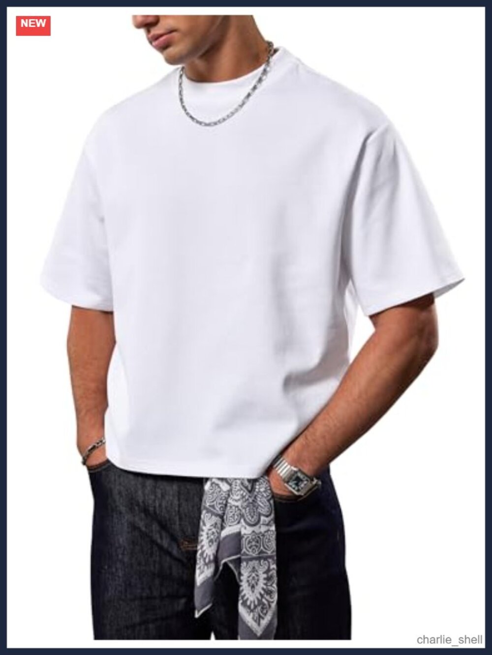 Men's Cropped Cotton Blend Boxy T-Shirt, Oversized Crewneck Short Sleeve Tee